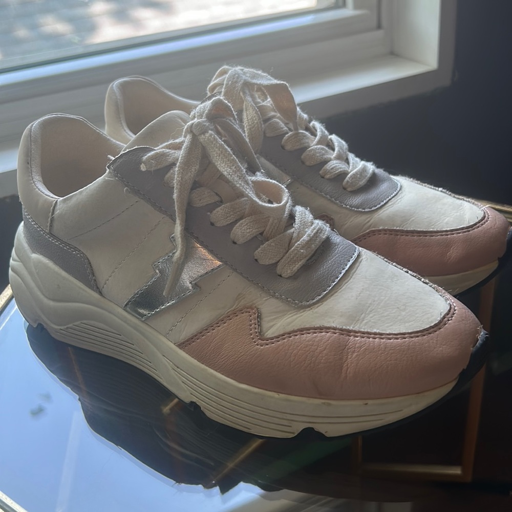 Trendy sneakers, pink and white tennis shoes, Vici shoes
